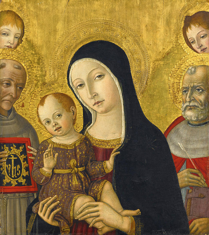 madonna and child with saints bernardino of siena and jerome behind them two angels